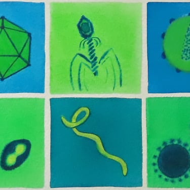 Viruses in Green and Blue  - original watercolor painting - microbiology art 