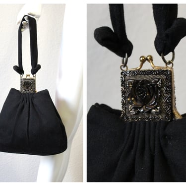 40s Purse / Vintage 1940's 50's K & G Charlet Paris NY Black Wool Triangular Purse with Rose clasp Brass Frame Handbag Bag 