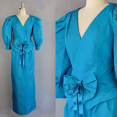 1980s Evening Dress / 1980s Teal Formal Dress Set / Blue Formal / Size Large 