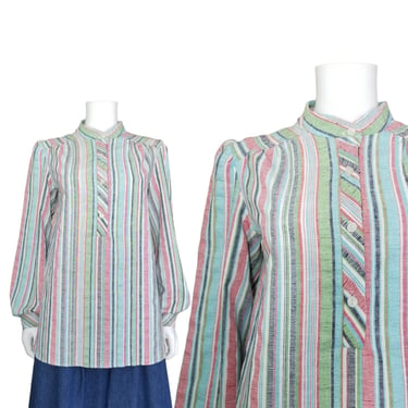 Vintage Maternity Blouse / Striped Tunic Blouse / 1970s 80s Long Sleeve Shirt / Striped Cotton Blend Shirt / Multi Color Striped Boho Top 