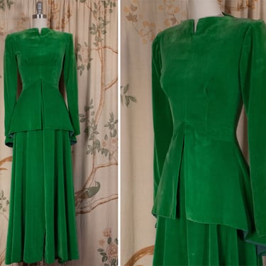 1940s Dress - Phenomenal Vintage 40s Vibrant Shamrock Green Velvet Peplum Gown with Strong Shoulders 