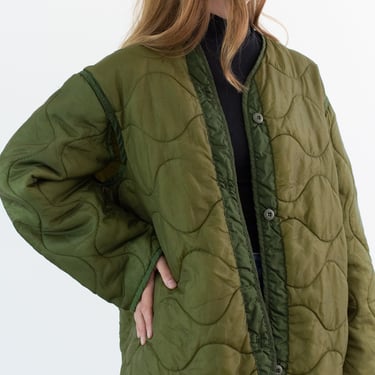 Vintage Green Liner Jacket | Unisex Wavy Quilted Nylon Coat | L | LI116 
