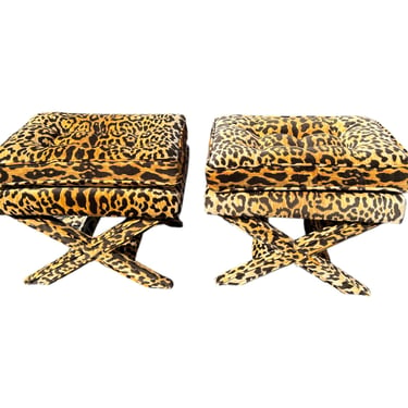 Great pair of Cheetah velvet stools - ottomans X base 