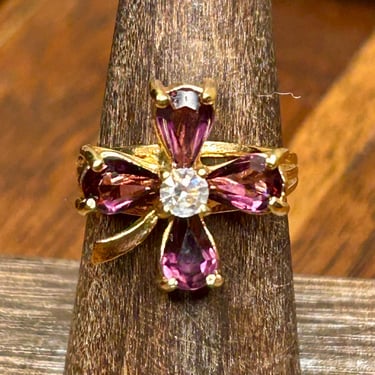 18k Gold Electroplated Ring HGE Purple Stones & Rhinestone Center Vintage Retro Jewelry 