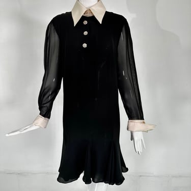 Christian Lacroix Black Silk Chiffon Dress With Off White Silk Collar &amp; Cuffs