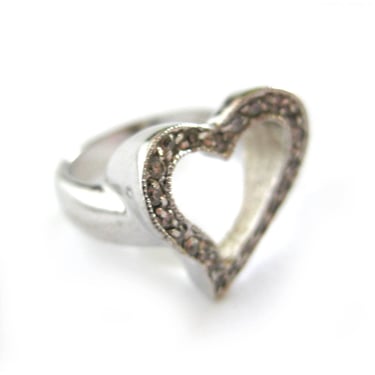 Vintage Cocktail Ring Heart Shaped Sterling Silver Ring with Rhinestones, Valentine Gift Sweetheart Jewelry / Size 6 