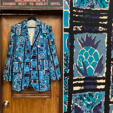 Vintage 1960’s Tag 42R “Sandwich Isles” Mod Tiki Cotton Hawaiian Blazer Sportcoat Jacket, 60’s Batik, Vintage Clothing 