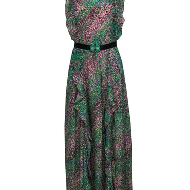 BCBG Max Azria - Purple &amp; Green Spotted Ruffle Gown Sz XS