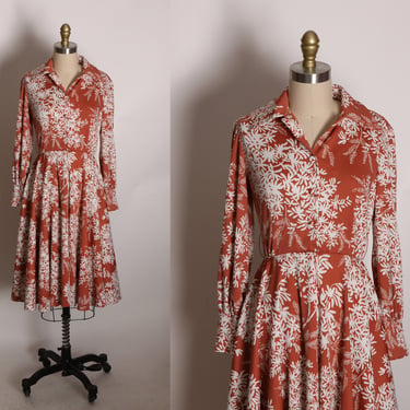 1970s Rusty Brown and White  Foliage Floral Fit and Flare Dress -XS 