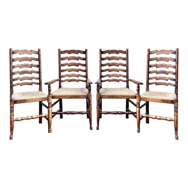 Vintage English Elm Ladderback Dining Chairs - Set of 4 