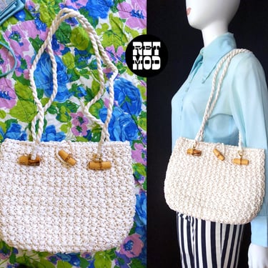 NWOT Vintage 60s 70s White Raffia Woven Purse with Bamboo 