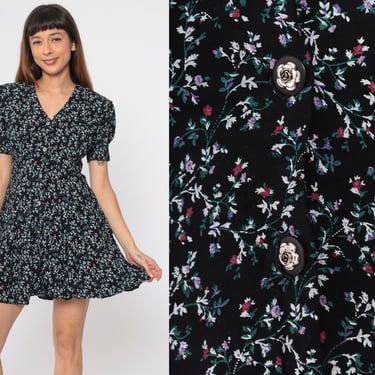 Vintage Sailor Collar Floral Dress 90s Black Ditsy Print Puff Sleeve Mini Dress Button Up V Neck Dress Retro 1990s All That Jazz Small 6 
