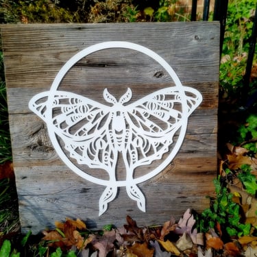 Luna Moth and Moon Reclaimed Wood and Metal Wall Art, Weathered Wood Wall Art 