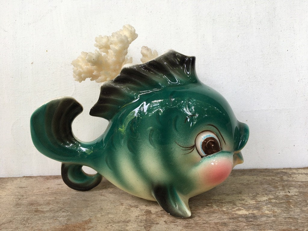 Vintage Norcrest Kitschy Fish Wall Pocket, Green Ceramic
