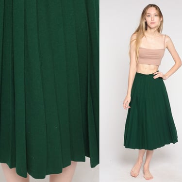 Pleated Wool Skirt 60s Dark Green Skirt Wool School Girl Midi High Waisted Preppy Plain Retro Vintage Lolita 1960s Extra Small xs 