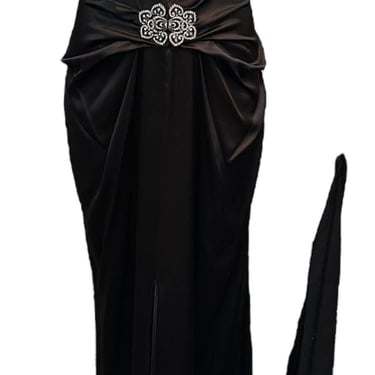Jikli Contemporary Black Satin 30s Style Bias Cut Gown with Sheer Mid-Riff and Train
