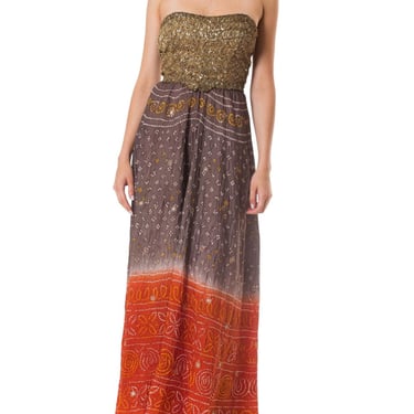 MORPHEW COLLECTION Hand Dyed Shibori Silk & Metalilc Gold Indian Embroidered Strapless Gown 