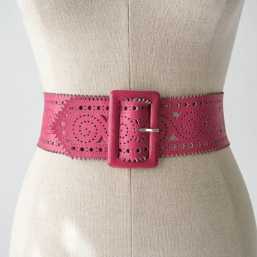 Vintage 80s VACHER Fuchsia Etched Cut Leather Belt | Made in France | 100% Genuine Leather | Claude Montana | 1970s French Designer Belt 