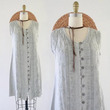 deadstock embroidered tie back dress - m - vintage 90s y2k womens gray tie back button front sleeveless boho dress 