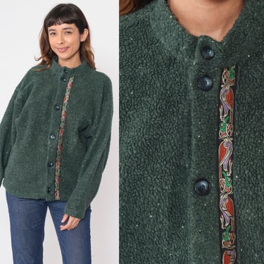 Green Fleece Sweater 90s Button Up Teddy Cardigan Abstract Bird Print Trim Fuzzy Jacket Granola Teddie Boho Hippie Fall Vintage 1990s Medium 
