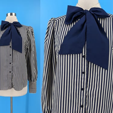80s Jonathan Martin Striped Button Up Blouse with Bishop Sleeves and Pussy Bow - Medium / Large 