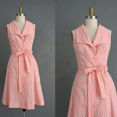 vintage 1970s dress | Peach Pink Polka Dot Cotton Summer Dress | Medium Large 