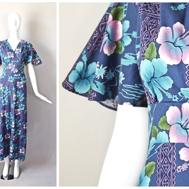 vtg 60s Royal Hawaiian blue & pink Hibiscus floral print maxi dress + button down shirt couples set | 1960s tiki tropical pinup summer luau 