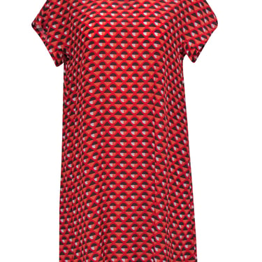 Altea - Coral, Red, & Grey Geometric Printed Short Sleeve Drress w/ Peter Pan Collar Sz S