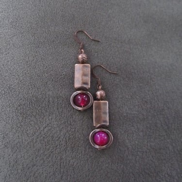 Industrial earrings, pink agate and hammered copper earrings 