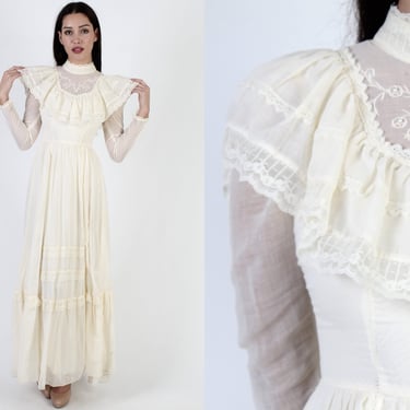 Vintage 70s Ivory Embroidered Dress / Off White Sheer Wedding Dress / High Neck Floral Bridesmaids Dress / Lace Bridal Victorian Maxi Dress 