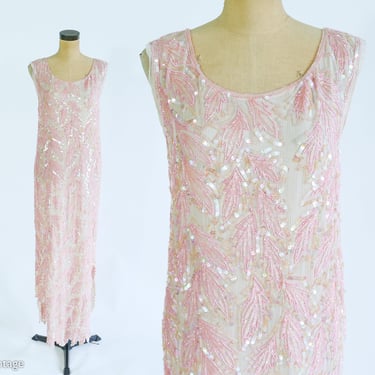 1980s Pink Silk Sequin Dress | 80s Pink Iridescent Sequin Evening Dress | Medium 