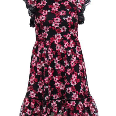 Kate Spade - Black & Pink Lace Floral Embroidery Fit & Flare Mini Dress Sz 0