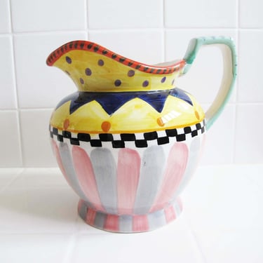 Vintage 90s Hand Painted Ceramic Pitcher - Stripe Checkerboard Polka Dot Whimsical Flower Vase 