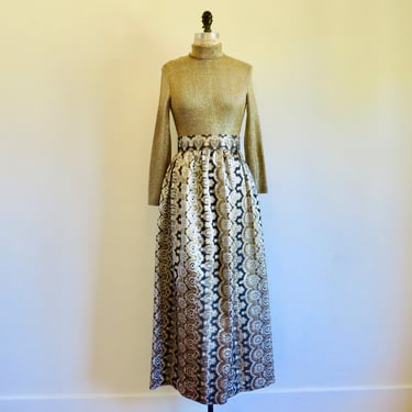 1970's Gold and Black Long Maxi Rib Knit Turtleneck and Brocade Skirt Evening Dress Mod Style Hostess Gown Long Sleeve Formal 28