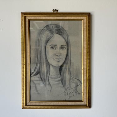 1980's French Drawing Portrait Of a Young Girl, Framed 