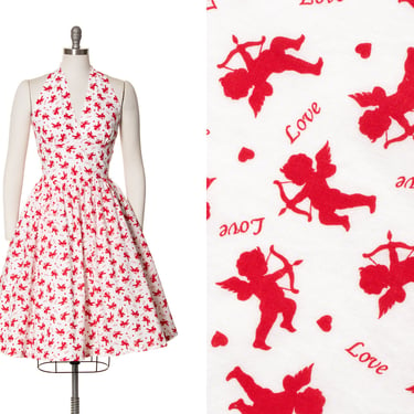 Modern 1950s Style Sundress | 50s Inspired Cupid Love Hearts Novelty Print Cotton White Red Halter Full Skirt Valentines Day Dress (medium) 