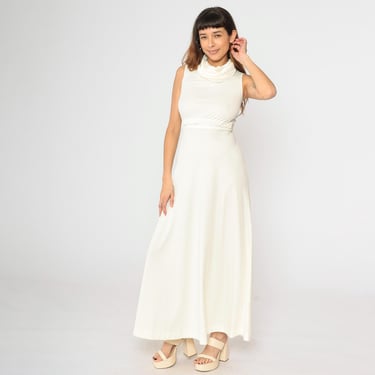1970s White Maxi Dress 70s Boho Cowl Neck Grecian Dress Disco Party Long High Waist Cap Sleeve Drape Gown Formal Extra Small xs 0 