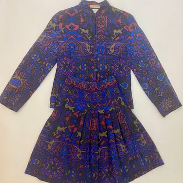 1970s J. Tiktiner Ikat Print Skirt Suit 