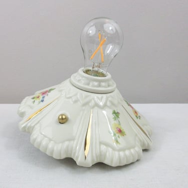 Refurbished Bare Bulb Flush Mount Porcelain Fixture - Deco Era - Ivory with Colorful Florals - Complete with Hanging Hardware - 1930's 