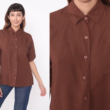 Brown Button Up Blouse 90s Rayon Short Sleeve Shirt Classic Simple Top Collared Plain Retro Vintage 1990s Shirt Oversized Small S 