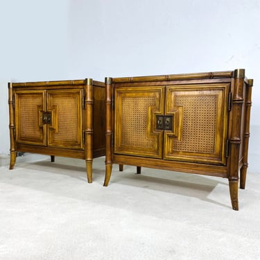 Set of 2 Faux Bamboo Nightstands FREE SHIPPING - Vintage Stanley End Tables Hollywood Regency Coastal Wood & Rattan Furniture 