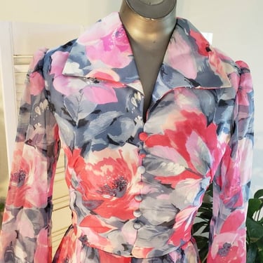 Vintage 60s/ 70s Toni Todd Floral Mod  Print Dress Poet Sleeve Great Collar 