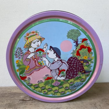 Vintage Bjorn Windblad Tin, Man Woman Picnic, Round Folk Art Tin, Scandinavian, Cookie Tin, Lovers, Nature Scenes 