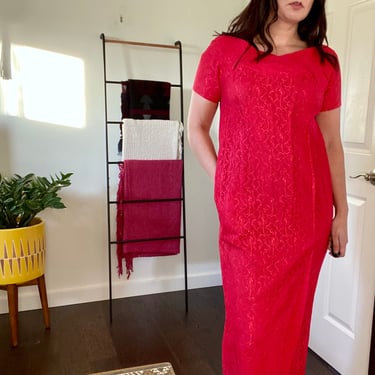 Vintage 1960s Red Lace Short Sleeve Tulip Hem Hawaiian Shift Dress 