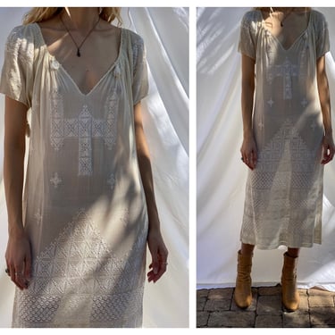 Vintage 1930s Dress / Rare Embroidered Cotton Dress with Puffed Short Sleeves / Thirties Forties Garden Party Dress / Bridal Party 