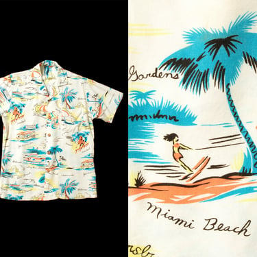 Vintage MEN'S 1940s Shirt | 40s Rayon Novelty Print Florida Tourist Cities Printed Palm Tree Miami Short Sleeve Button Up Shirt (small) 