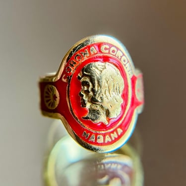 Vtg 18K Yellow Gold Red Enamel Corona Cigar Band Pinky Ring Sz ~2 Designer 7.8g 