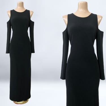 VINTAGE 80s 90s Long Black Curvy Stretch Dress with Cold Shoulders by Expo M-XL | 1980s 1990s Avant-Garde Gothic Wiggle Cocktail Dress | VFG 