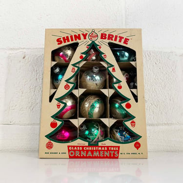 Vintage Christmas Ornaments Shiny Brite Mercury Glass Hand Painted Ornament Tree Decoration Set of 12 Box 1950s 