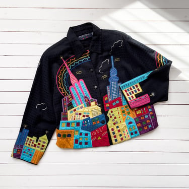 black embroidered jacket 90s y2k vintage PUSHPA city skyline patchwork novelty jacket 